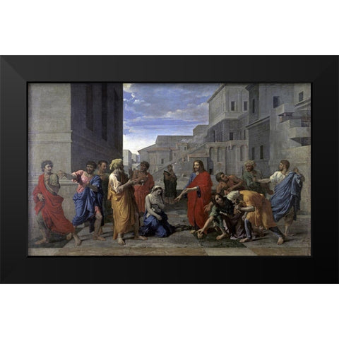 Christ and the Woman Taken in Adultery Black Modern Wood Framed Art Print by Poussin, Nicolas