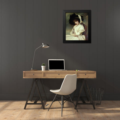 Lady Hamilton in a Straw Hat Black Modern Wood Framed Art Print by Romney, George