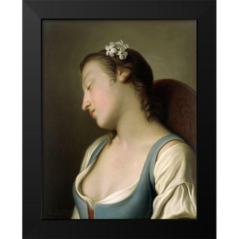 A Young Girl Asleep in a Chair Black Modern Wood Framed Art Print by Rotari, Pietro Antonio