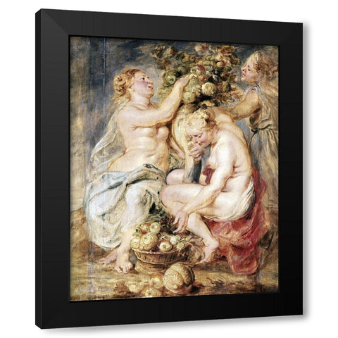 Ceres and Two Nymphs with a Cornucopia Black Modern Wood Framed Art Print with Double Matting by Rubens, Peter Paul