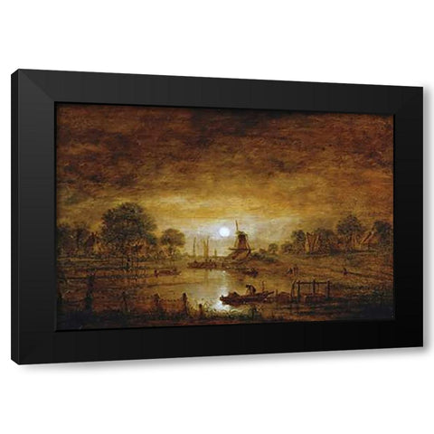 Title Unknown (Boats at Sunset with Windmill) Black Modern Wood Framed Art Print with Double Matting by Van Der Neer, Aert