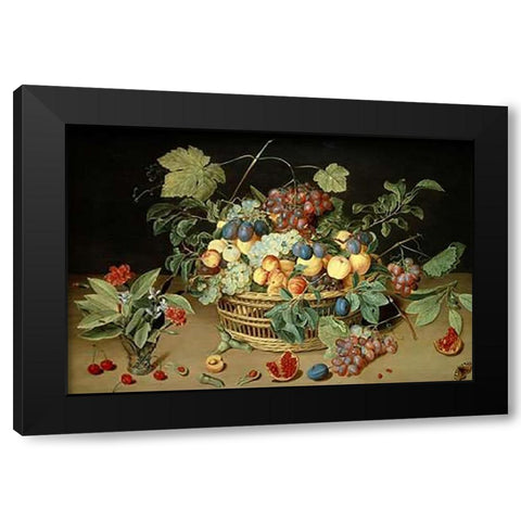 A Still Life of Fruit and Flowers in a Basket Black Modern Wood Framed Art Print by Van Hulsdonck, Jacob