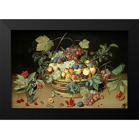 A Still Life of Fruit and Flowers in a Basket Black Modern Wood Framed Art Print by Van Hulsdonck, Jacob