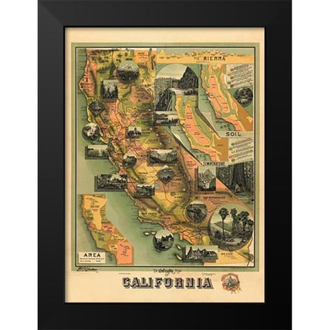 The Unique Map of California, 1885 Black Modern Wood Framed Art Print by Johnstone, E