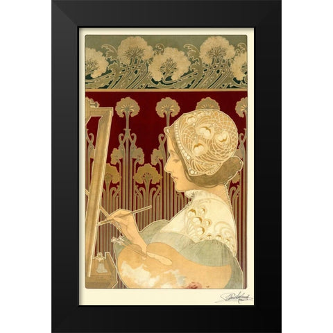 Woman Painting Black Modern Wood Framed Art Print by Livemont, Privat
