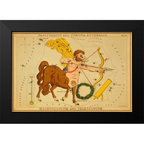 Sagittarius and Corona Australis, Microscopium, and Telescopium, 1825 Black Modern Wood Framed Art Print by Aspin, Jehoshaphat