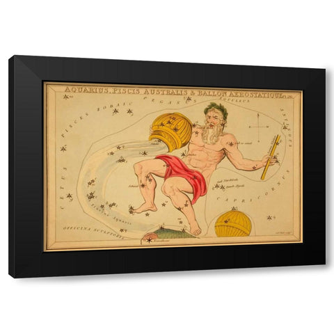 Aquarius, Piscis Australis and Ballon Aerostatique, 1825 Black Modern Wood Framed Art Print by Aspin, Jehoshaphat