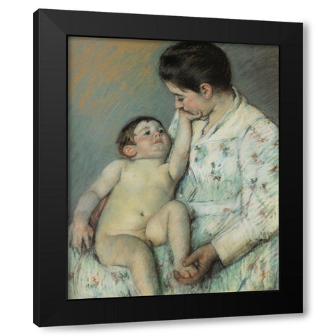 Babys First Caress 1891 Black Modern Wood Framed Art Print with Double Matting by Cassatt, Mary