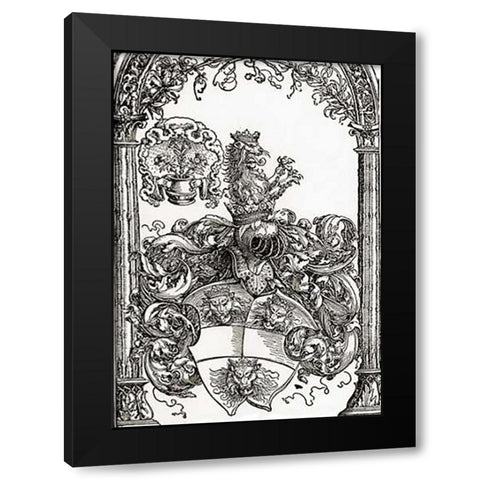 Coat Of Arms With Three Lions Heads Black Modern Wood Framed Art Print with Double Matting by Durer, Albrecht