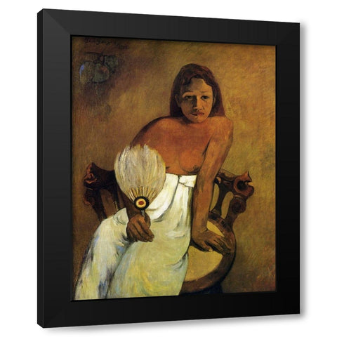 Girl With A Fan Black Modern Wood Framed Art Print with Double Matting by Gauguin, Paul