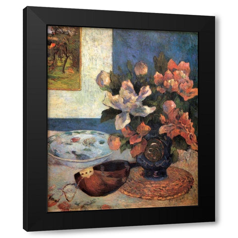 Still Life With Peonies And Mandolin Black Modern Wood Framed Art Print with Double Matting by Gauguin, Paul