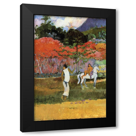 Women And White Horse Detail Black Modern Wood Framed Art Print with Double Matting by Gauguin, Paul