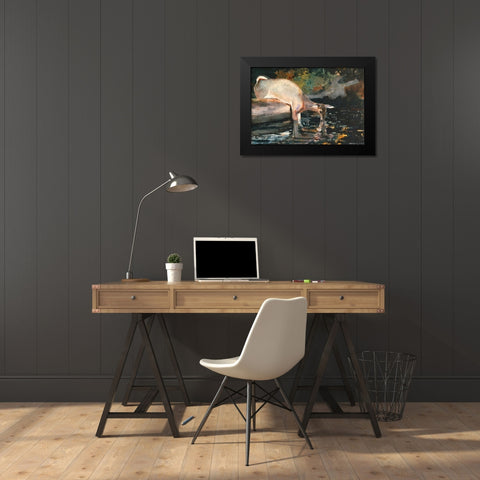 Deer Drinking Black Modern Wood Framed Art Print by Homer, Winslow