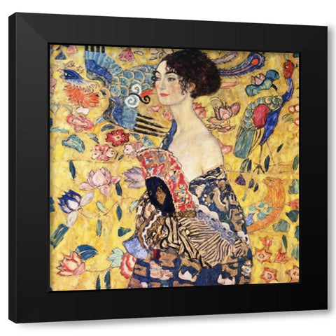 Lady With Fan Black Modern Wood Framed Art Print with Double Matting by Klimt, Gustav