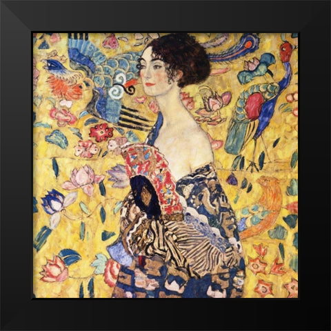 Lady With Fan Black Modern Wood Framed Art Print by Klimt, Gustav