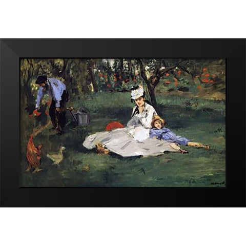 Monet Family in their Garden Black Modern Wood Framed Art Print by Manet, Edouard