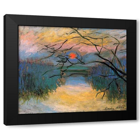 Coucher de soleil sur la Seine a Vetheuil Black Modern Wood Framed Art Print by Monet, Claude