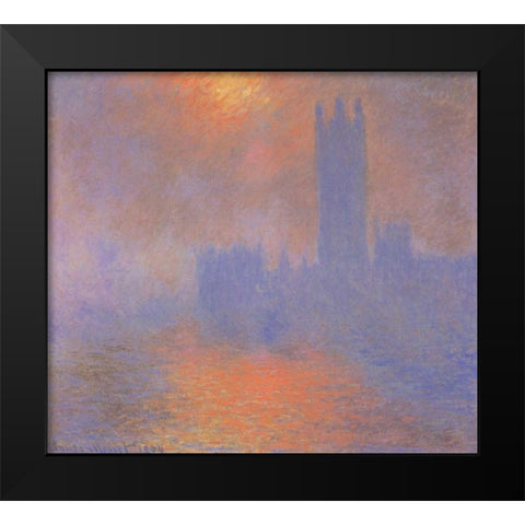 London Parliament With The Sun Breaking Through Fog Black Modern Wood Framed Art Print by Monet, Claude