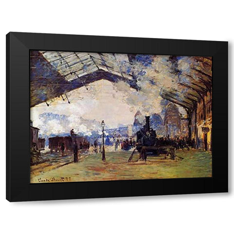 St Lazare Station The Arrival Of The Train From Normandy Black Modern Wood Framed Art Print by Monet, Claude