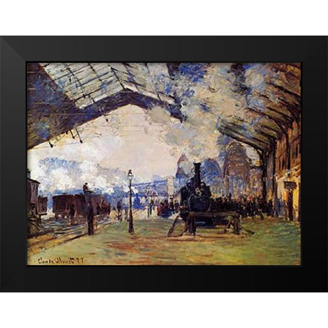 St Lazare Station The Arrival Of The Train From Normandy Black Modern Wood Framed Art Print by Monet, Claude