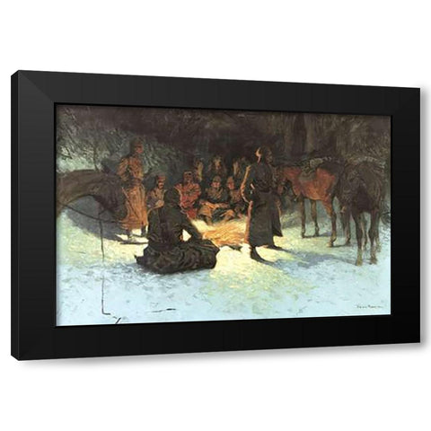 A Halt In The Wilderness Black Modern Wood Framed Art Print with Double Matting by Remington, Frederic