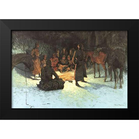 A Halt In The Wilderness Black Modern Wood Framed Art Print by Remington, Frederic