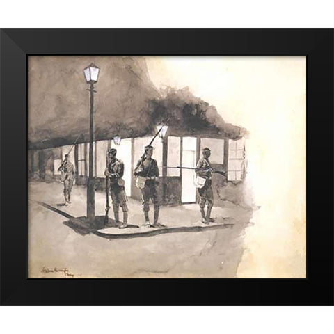 Illinois Natl Guards Picket In Streets Of Chicago Black Modern Wood Framed Art Print by Remington, Frederic