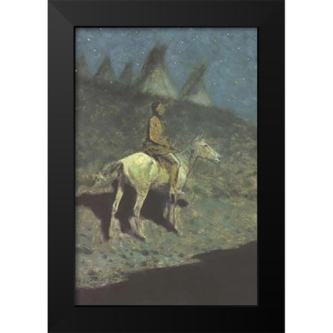Indian In The Moonlight Black Modern Wood Framed Art Print by Remington, Frederic