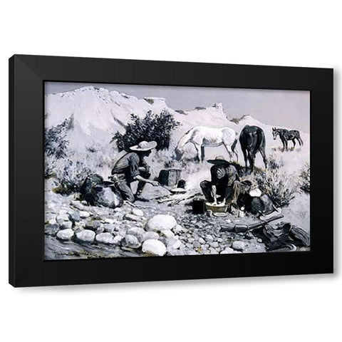 Prospectors Making Frying Pan Bread Black Modern Wood Framed Art Print by Remington, Frederic