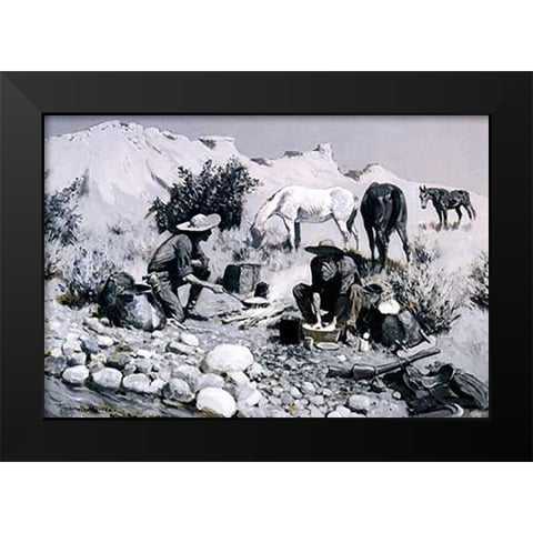 Prospectors Making Frying Pan Bread Black Modern Wood Framed Art Print by Remington, Frederic