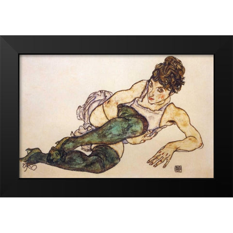 Reclining Woman With Green Stockings Black Modern Wood Framed Art Print by Schiele, Egon