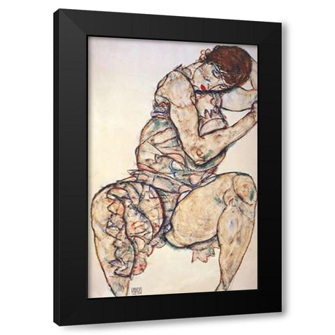 Seated Woman With Left Hand In Hair Black Modern Wood Framed Art Print by Schiele, Egon