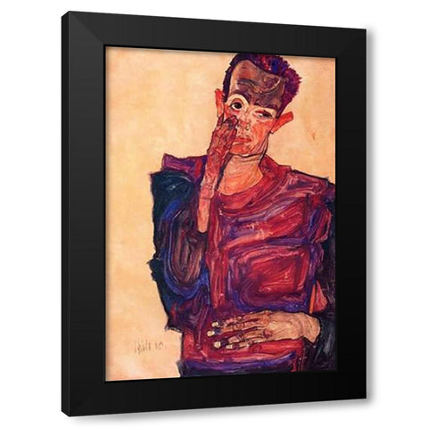 Self Portrait With Hand To Cheek Black Modern Wood Framed Art Print by Schiele, Egon