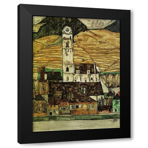 Stein On The Danube From The South 1913 Black Modern Wood Framed Art Print by Schiele, Egon
