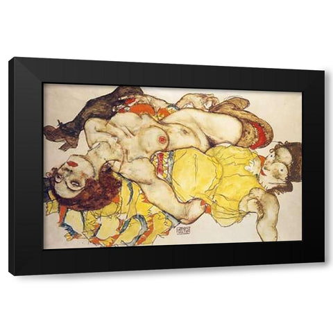 Two Girls Lying Entwined Black Modern Wood Framed Art Print by Schiele, Egon