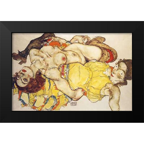 Two Girls Lying Entwined Black Modern Wood Framed Art Print by Schiele, Egon