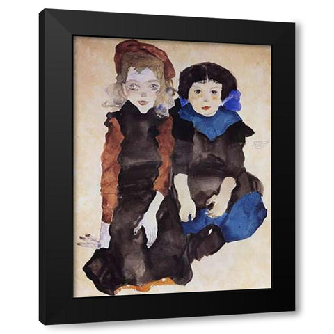 Two Little Girls Black Modern Wood Framed Art Print by Schiele, Egon