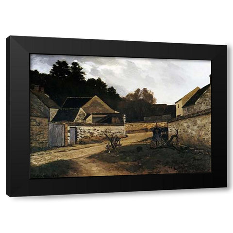 Village Street In Marlotte Black Modern Wood Framed Art Print with Double Matting by Sisley, Alfred