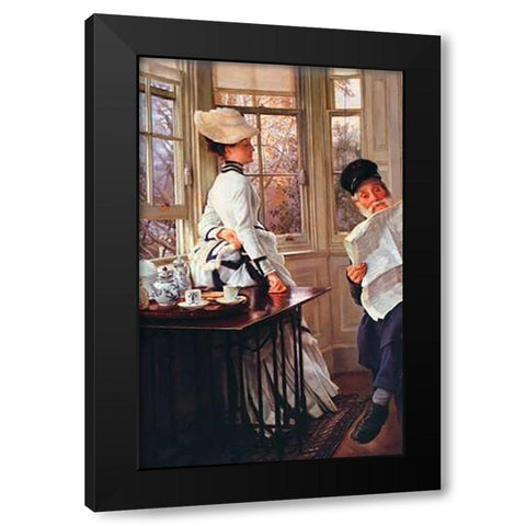 Reading The News Black Modern Wood Framed Art Print with Double Matting by Tissot, James