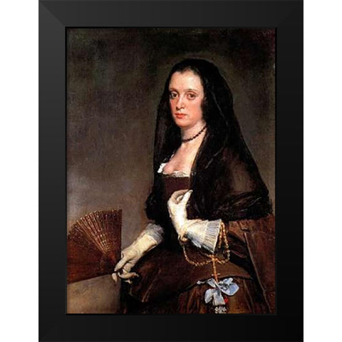Lady With A Fan Black Modern Wood Framed Art Print by Velazquez, Diego