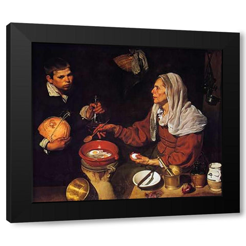 Old Woman Cooking Eggs Black Modern Wood Framed Art Print with Double Matting by Velazquez, Diego
