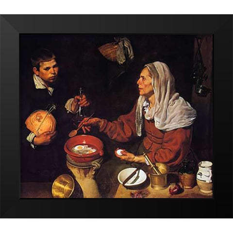 Old Woman Cooking Eggs Black Modern Wood Framed Art Print by Velazquez, Diego