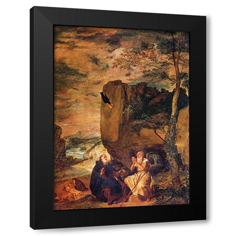 Saint Anthony Abbot And Saint Paul The Hermit Black Modern Wood Framed Art Print with Double Matting by Velazquez, Diego