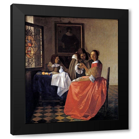 A Lady And Two Gentlemen Black Modern Wood Framed Art Print by Vermeer, Johannes