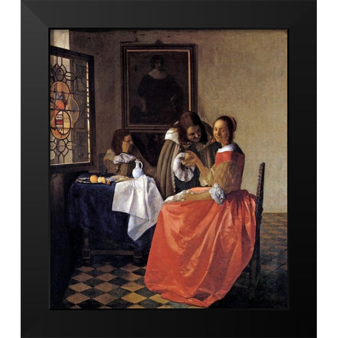 A Lady And Two Gentlemen Black Modern Wood Framed Art Print by Vermeer, Johannes