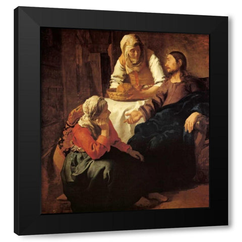 Christ In The House Of Mary And Martha Black Modern Wood Framed Art Print with Double Matting by Vermeer, Johannes