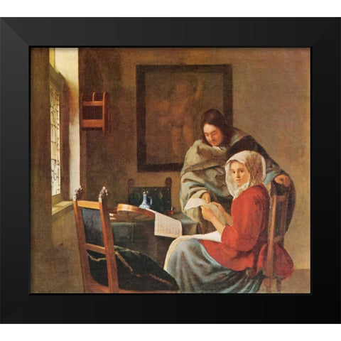 Gentleman And The Girl With Music Black Modern Wood Framed Art Print by Vermeer, Johannes