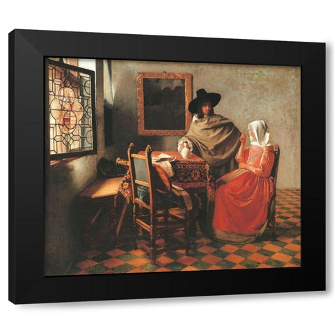 Gentleman And Woman Drinking Black Modern Wood Framed Art Print by Vermeer, Johannes