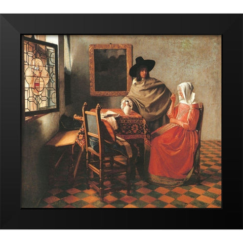 Gentleman And Woman Drinking Black Modern Wood Framed Art Print by Vermeer, Johannes
