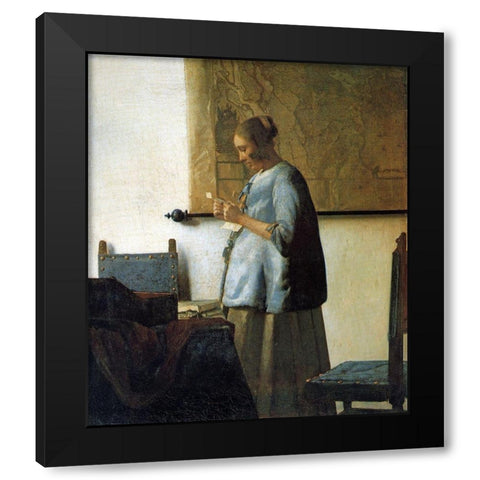 Lady In Blue Black Modern Wood Framed Art Print by Vermeer, Johannes